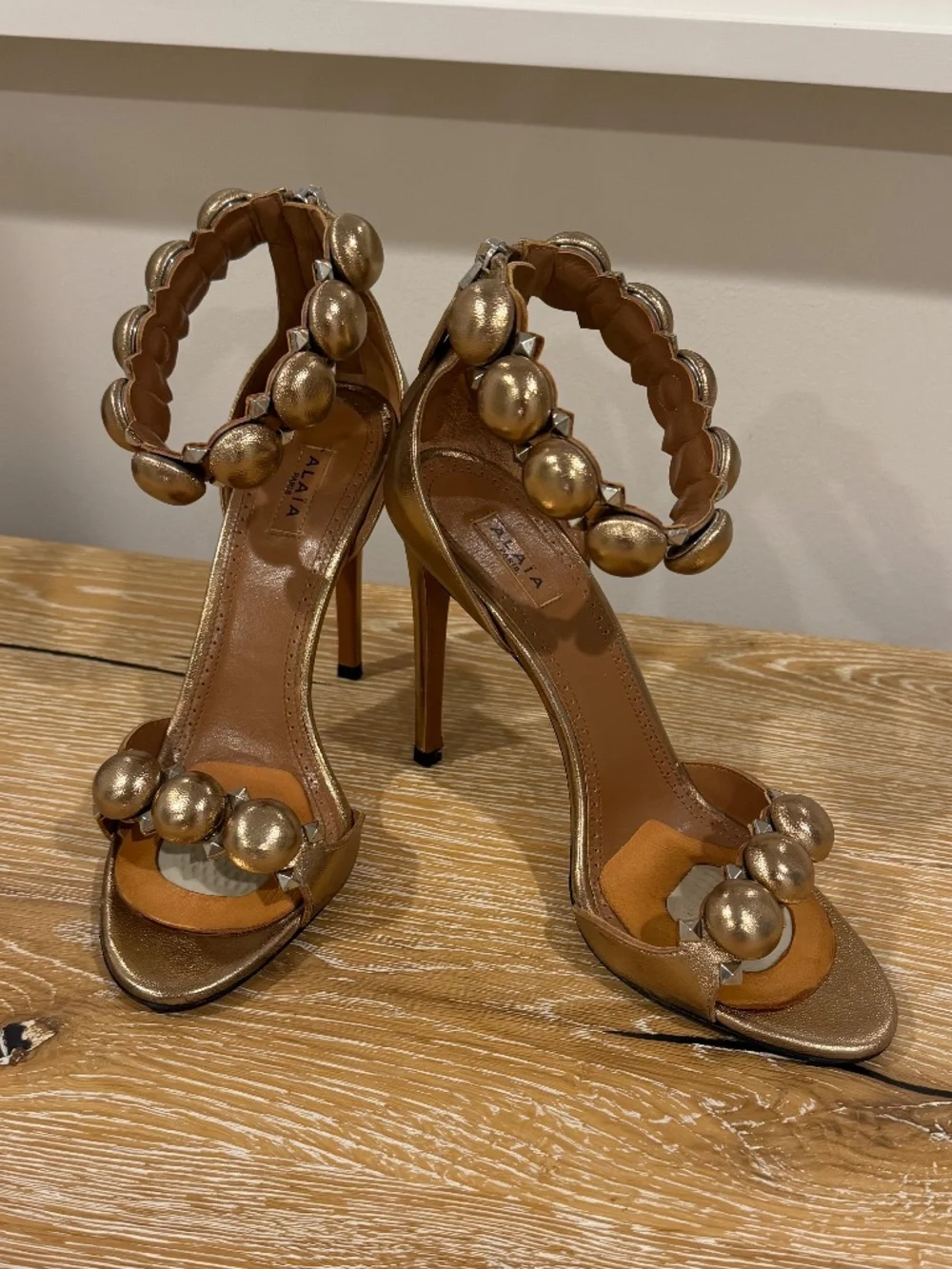 Alaia Sandals Metallic Bronze Leather Bombe Ankle Strap Size 38